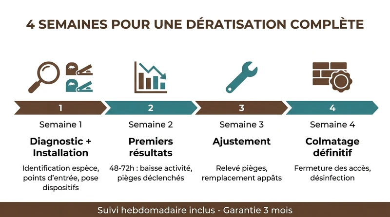 Infographie du calendrier d'une deratisation professionnelle sur 4 semaines
