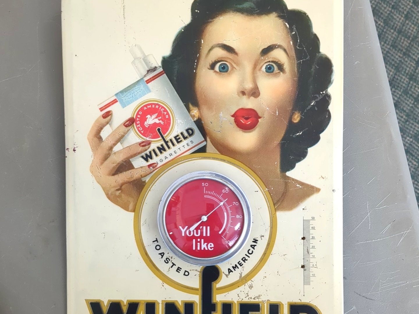 Winfield Cigarettes Vintage Advertising Thermometer Sign, 1950s