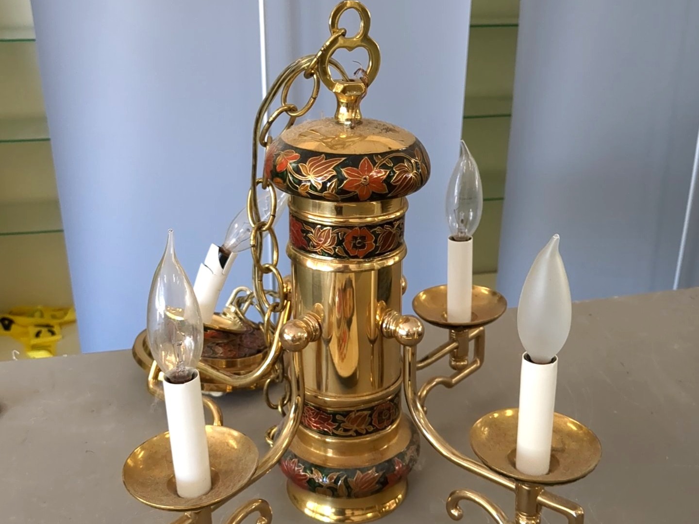 Brass Chandelier, Enamel & Floral Inlay, Three-Arm Candle Fixture