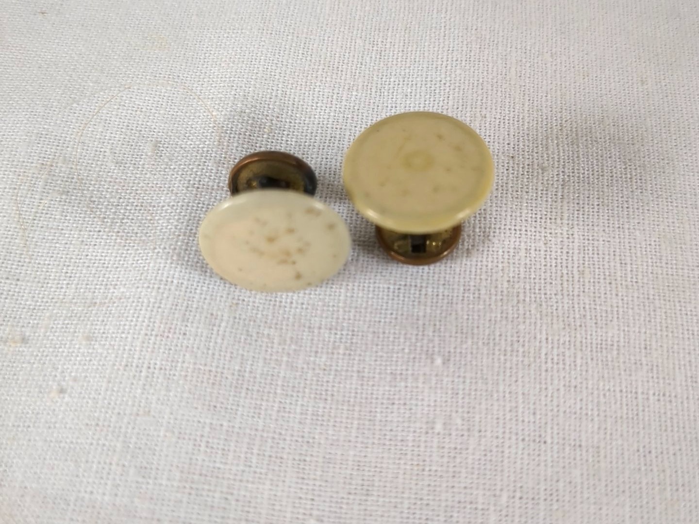 Vintage Pair Cream Enamel Shirt Studs, Brass Hardware, Art Deco Style