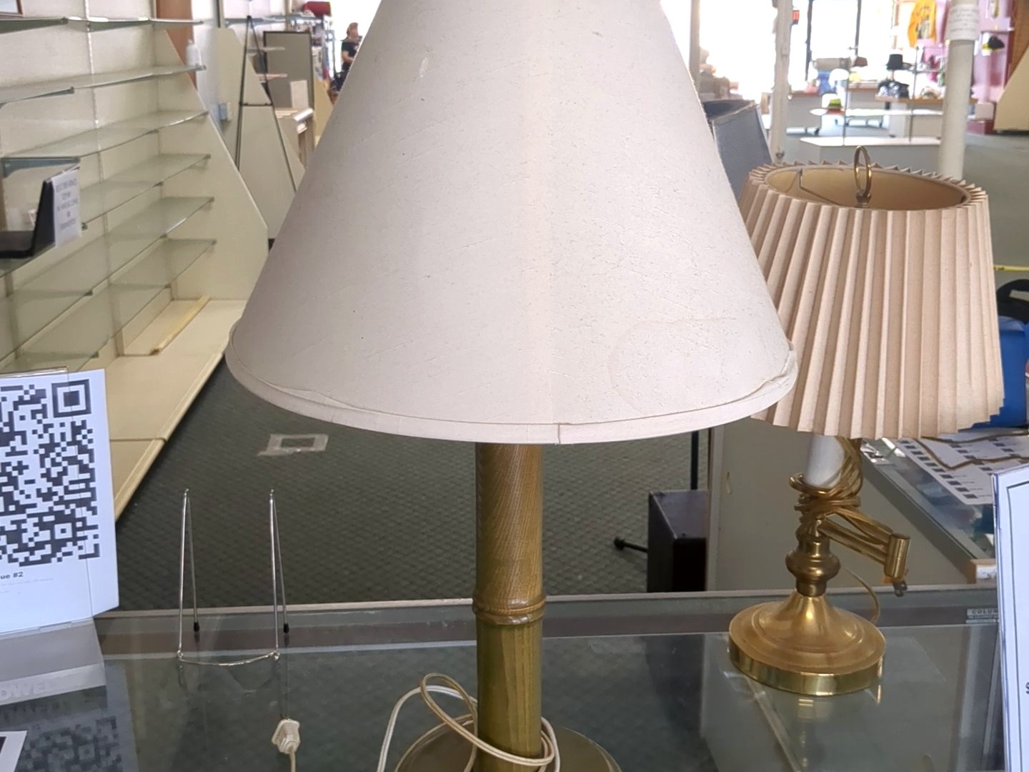 Brass Table Lamp, Mid-Century Modern Style with Cream Linen Shade