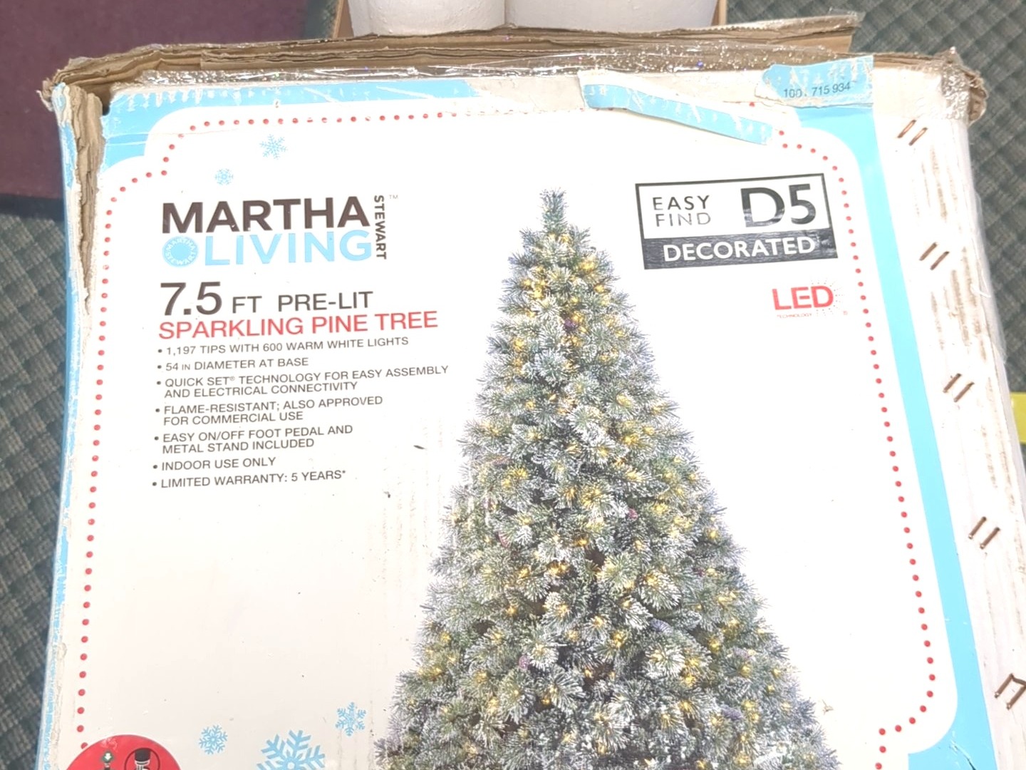 Martha Living 7.5 ft Pre-Lit Sparkling Pine Christmas Tree, 600 LED Warm White Lights