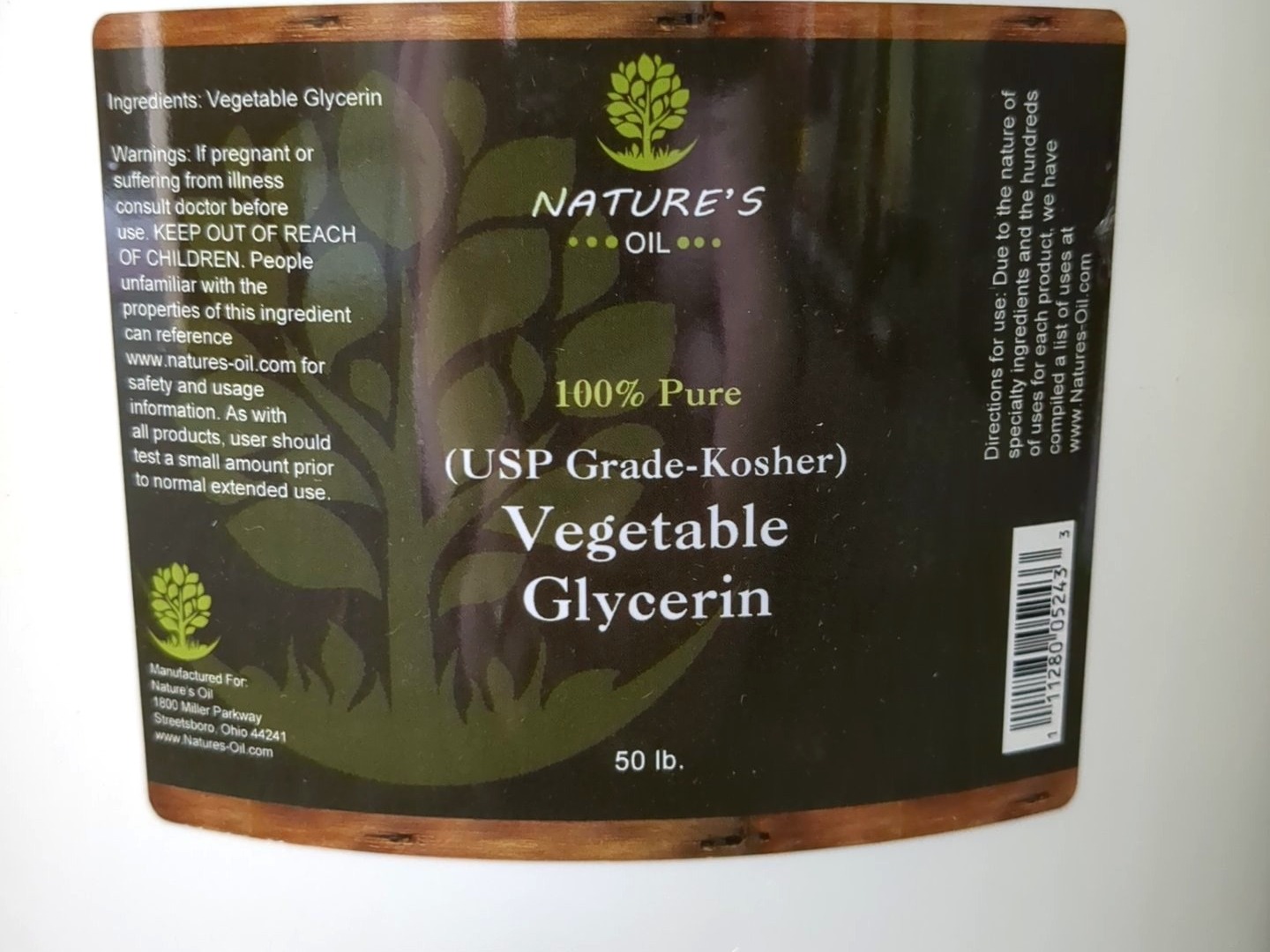 Nature's Oil Vegetable Glycerin, USP Grade-Kosher, 50 lb Bulk