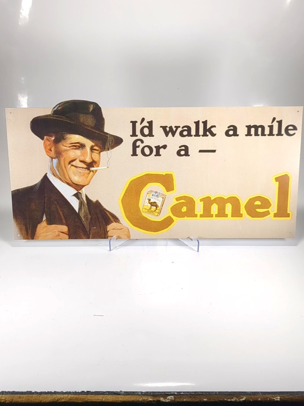 Camel Cigarettes Reproduction Vintage Advertising Sign, "I'd walk a mile for a Camel"