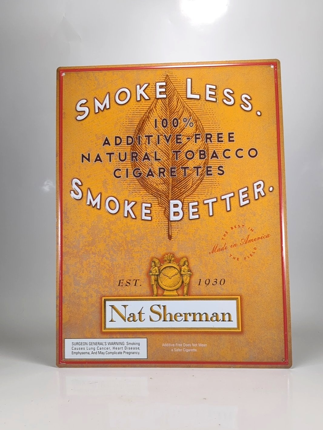 Nat Sherman Vintage Metal Advertising Sign, Smoke Less Cigarettes, smoke 1930s
