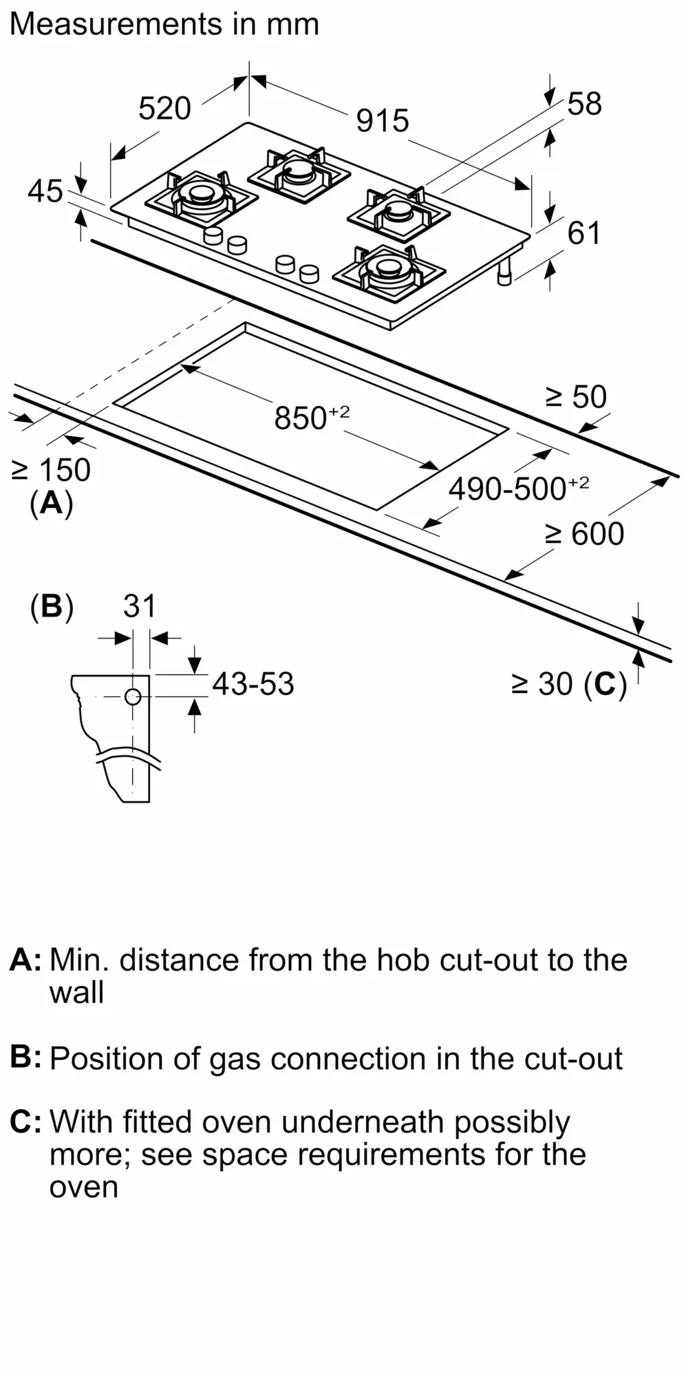 Bosch Built-in Gas Hob 4 Burner 90cm PNF9B6F20I - PNF9B6F20I