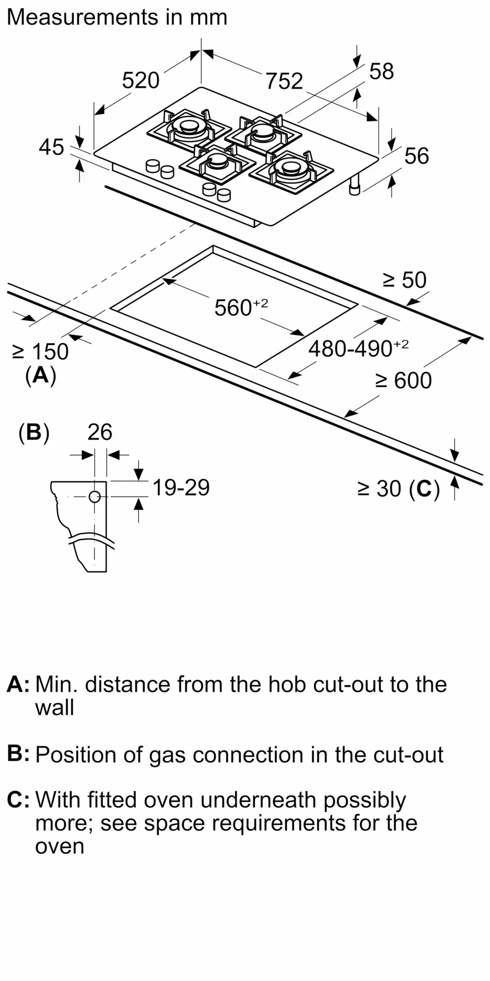 Bosch Built-in Gas Hobs 4 Burner 75cm PNI7B6F10I