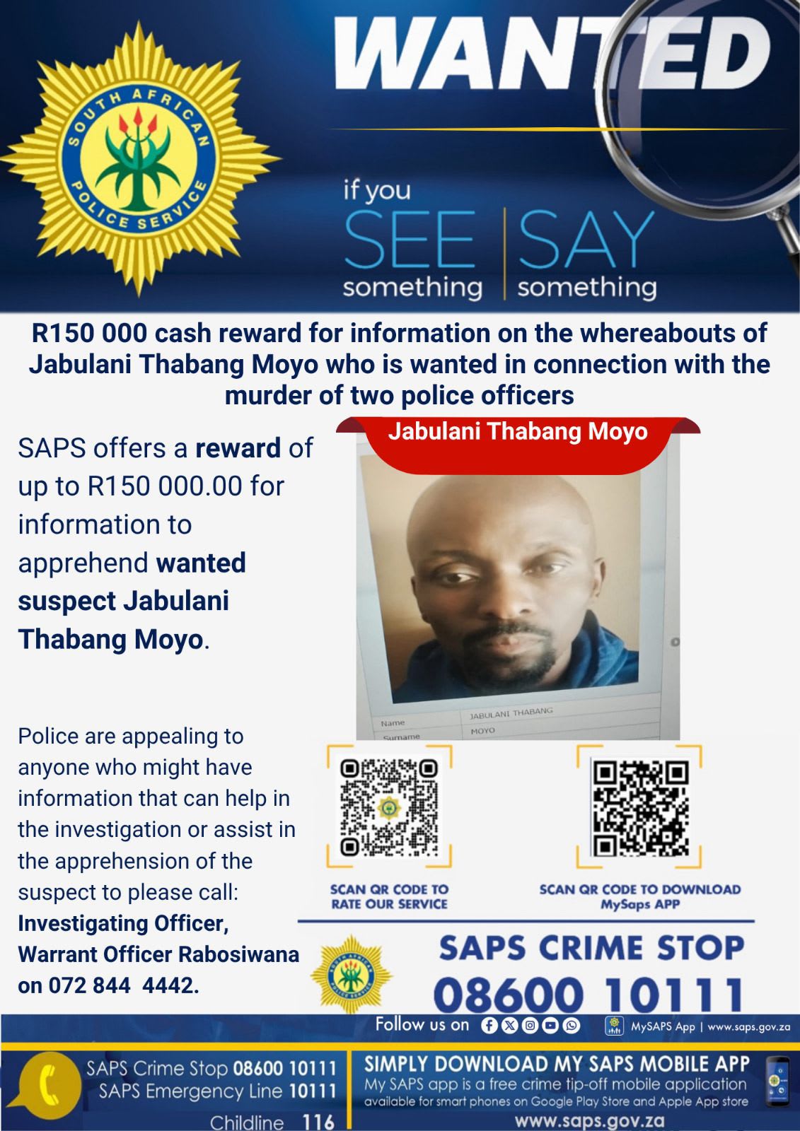 Photo:Manhunt launched for wanted cop killer Jabulani Moyo– South African Daily”