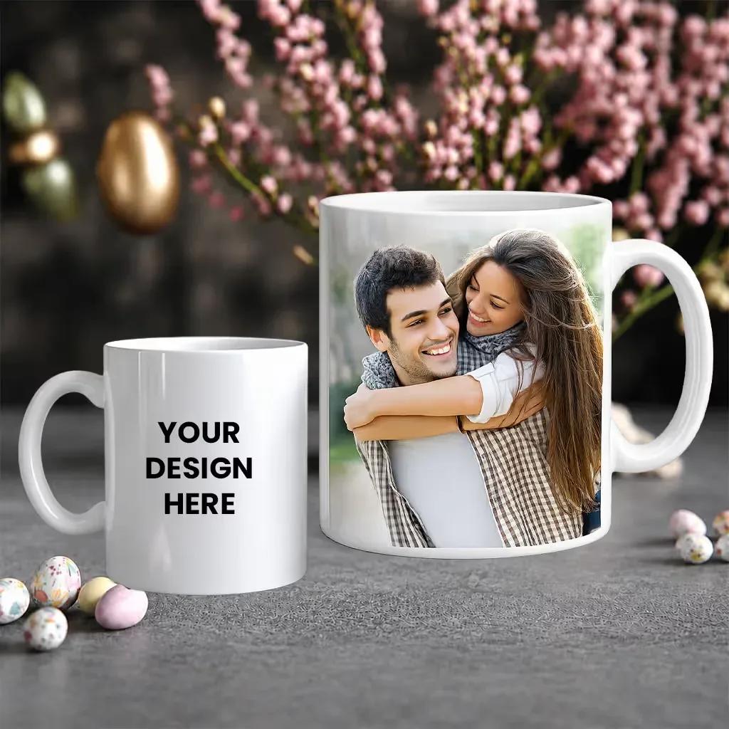 Collage of personalized coffee mugs with photos and custom text on PhotuPrint