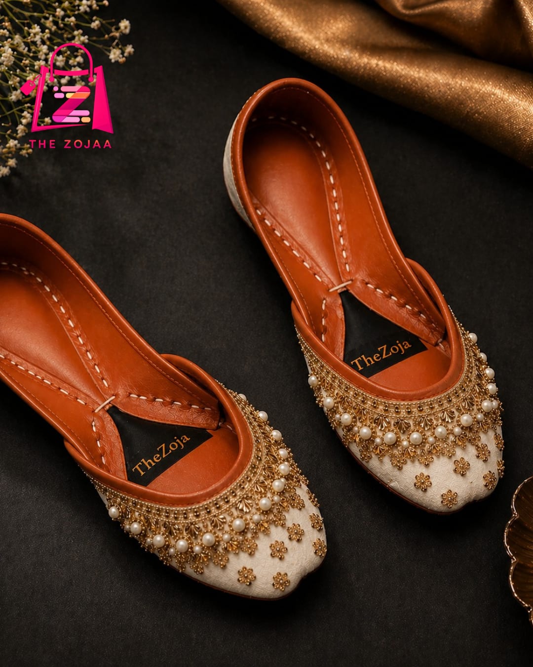Luxury White & Gold Embellished Khussa