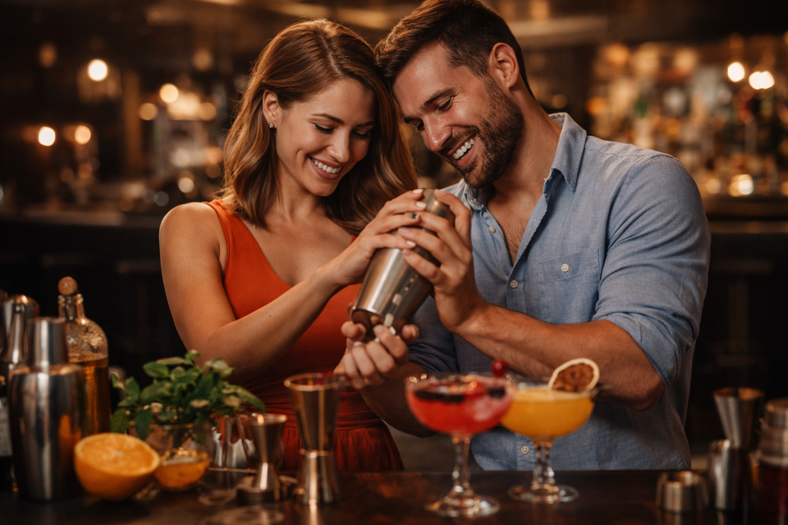 Pareja disfrutando una clase de coctelería en Bogotá en un ambiente elegante
