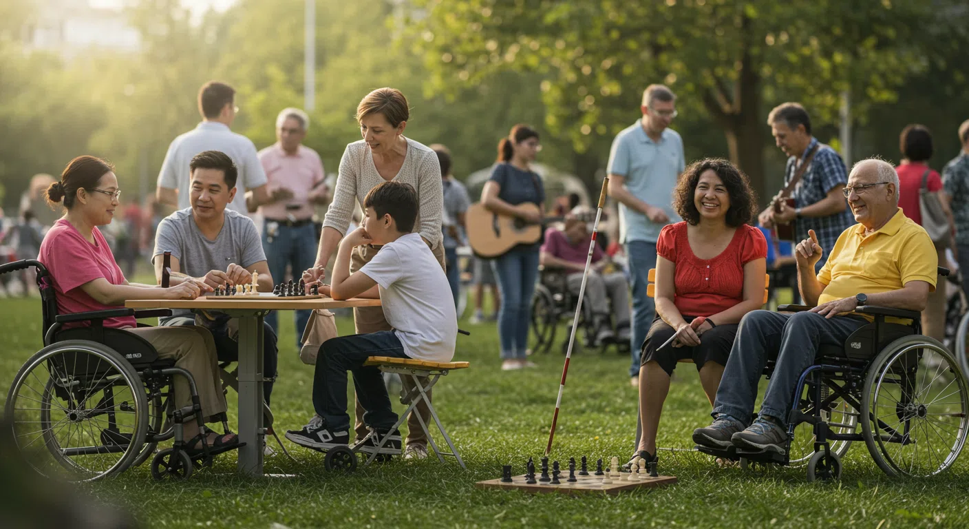 استراتيجيات الدمج المجتمعي: بناء مجتمعات شاملة وداعمة للجميع أفراد متنوعون، بمن فيهم ذوو الاحتياجات الخاصة، يشاركون في أنشطة مجتمعية، يرمزون إلى الشمولية والاندماج.