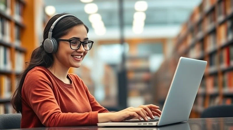 شخص يستخدم تكنولوجيا مساعدة (مثل قارئ شاشة أو جهاز اتصال) للتفاعل مع العالم الرقمي، يرمز إلى التمكين والوصول.