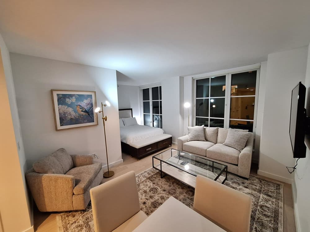 Modern studio apartment with cozy furnishings.