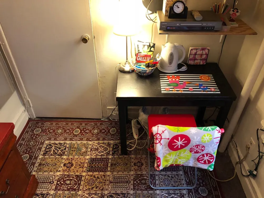 Cozy workspace with colorful decor.