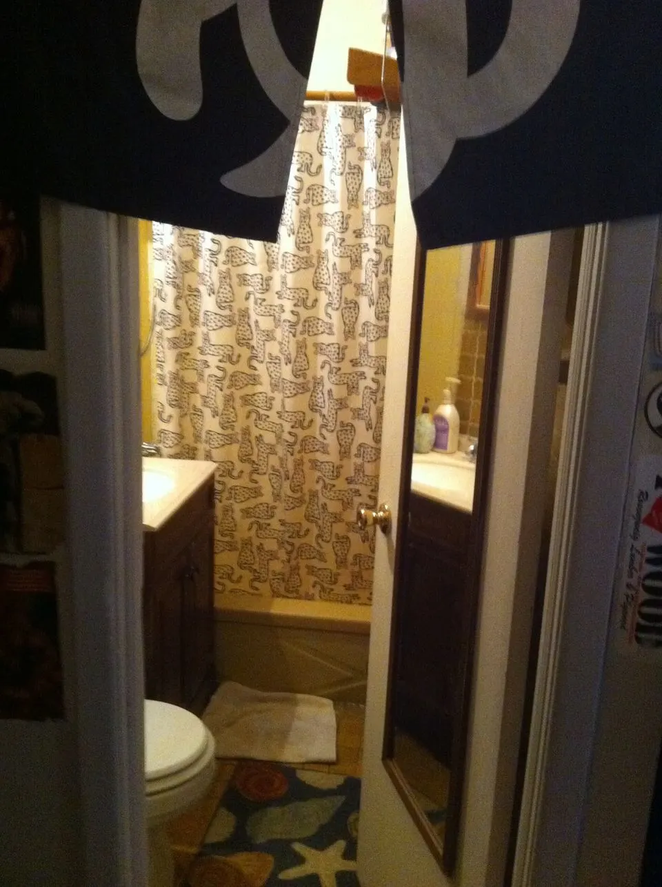 Cozy bathroom with cat motif.