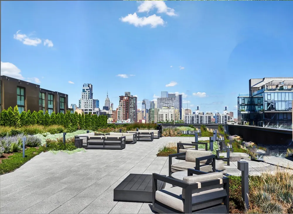 Rooftop patio with city view.