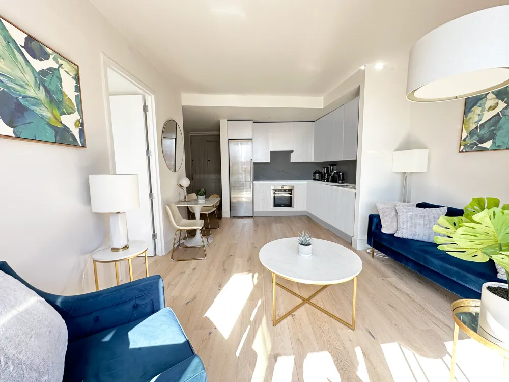 Bright, modern living room and kitchen.