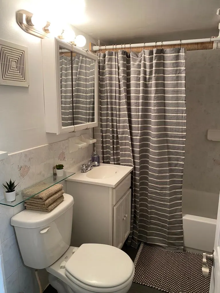 Compact, modern bathroom with shower.