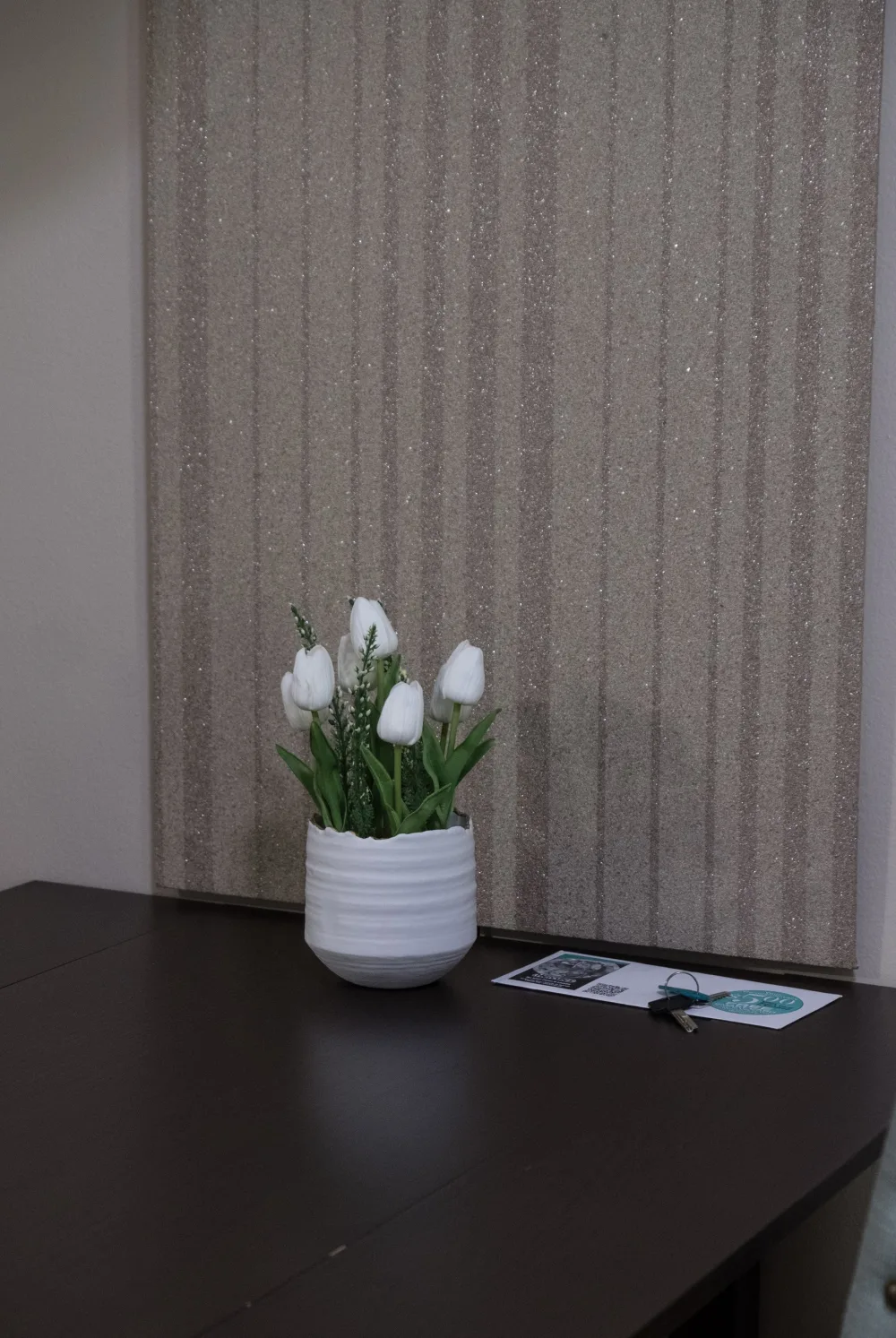 Small table with white flowers.