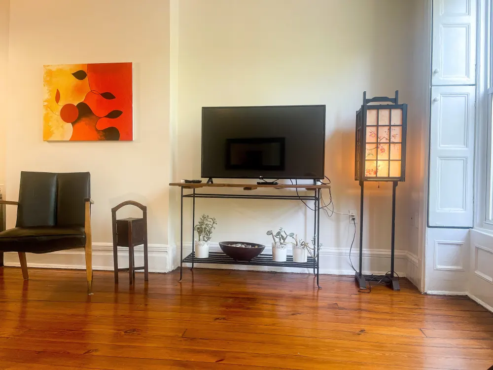 Cozy living room with artwork.