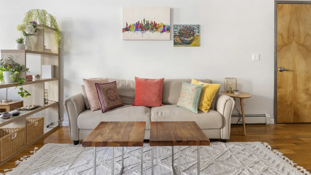 Cozy living room with plants.