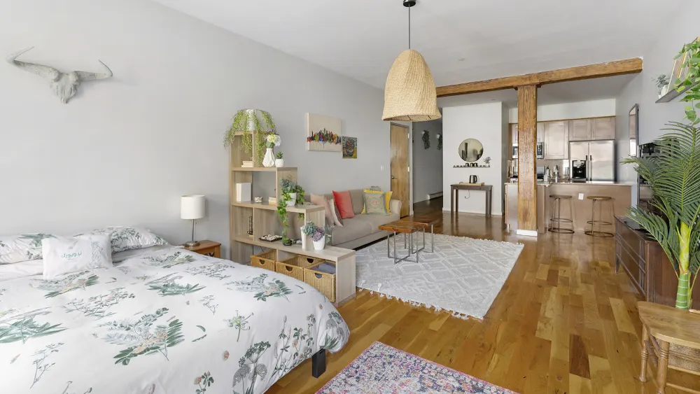 Cozy studio apartment with plants.