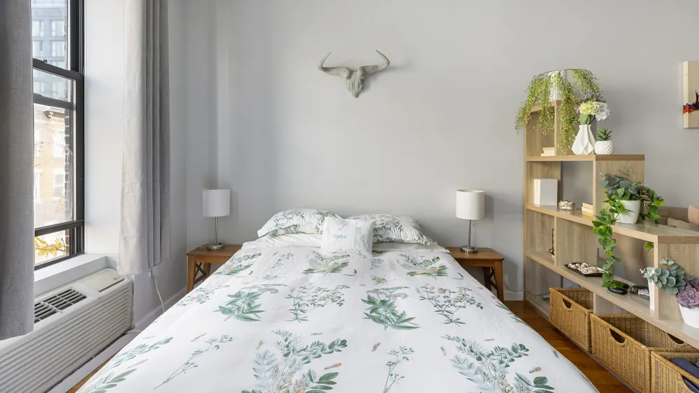 Cozy bedroom with natural decor.