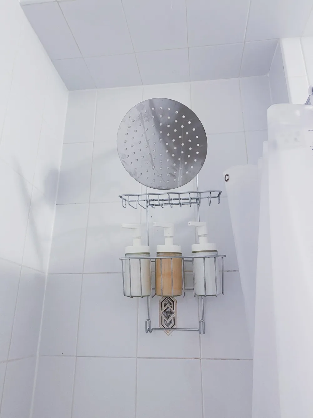 Modern shower with mounted dispensers.