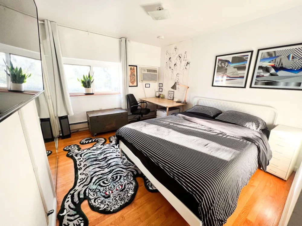 Modern bedroom with artistic decor.