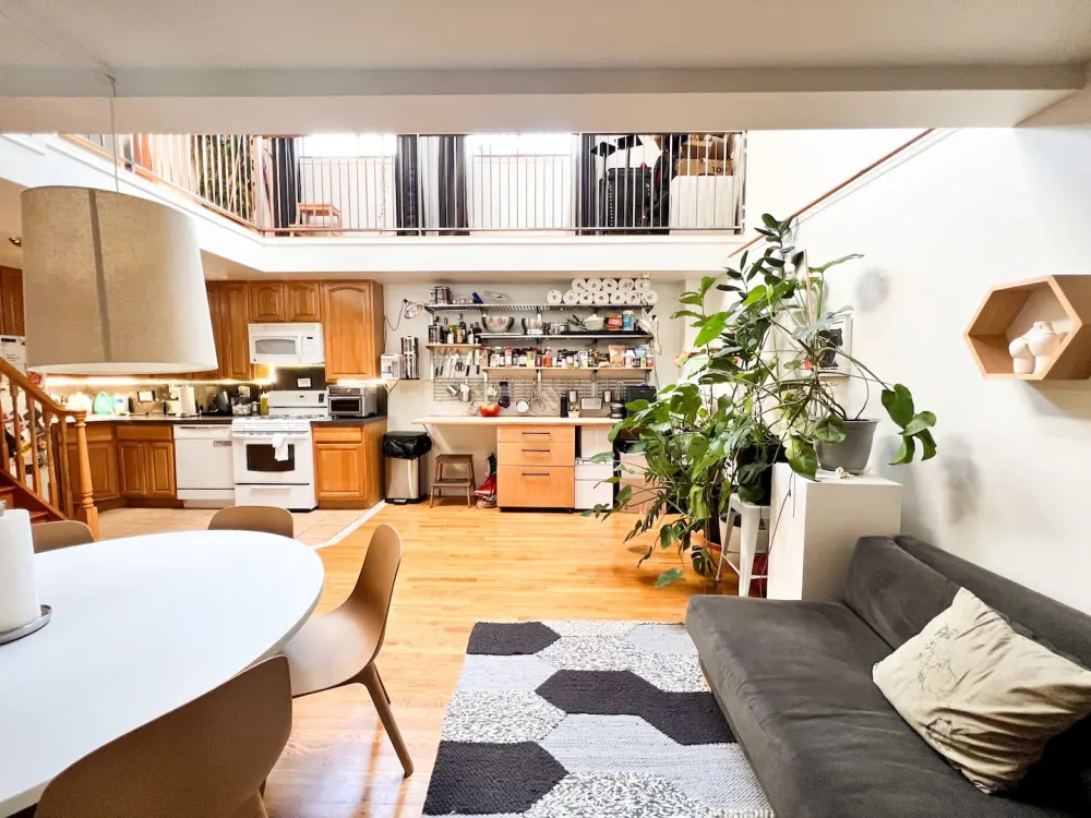 Modern loft kitchen and living area.