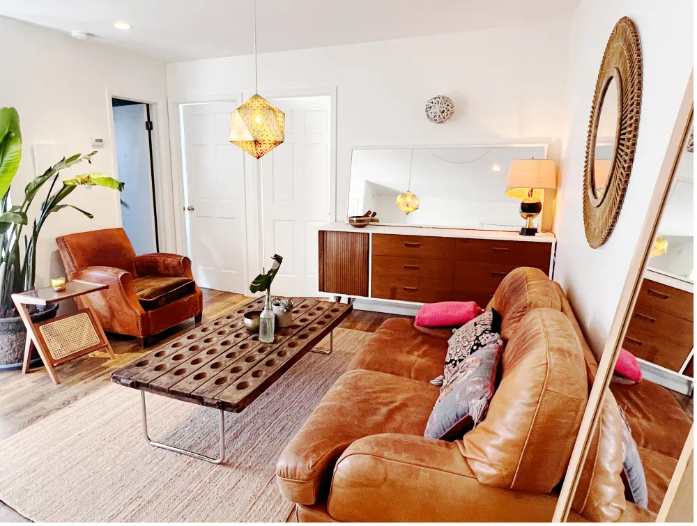 Cozy living room with retro decor.