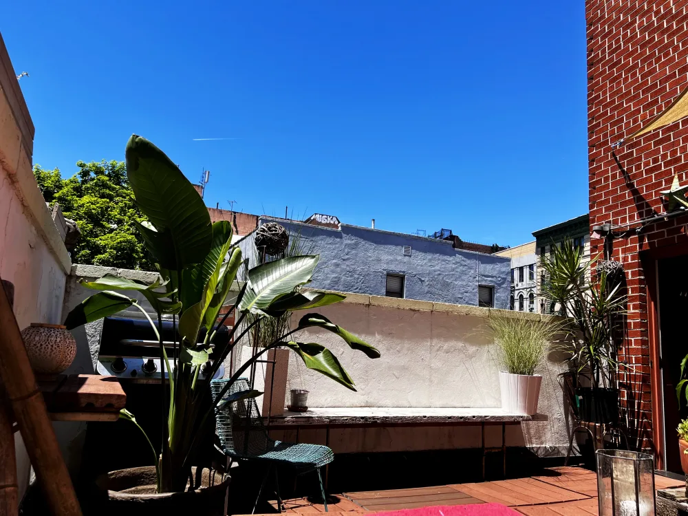 Rooftop patio with lush greenery.