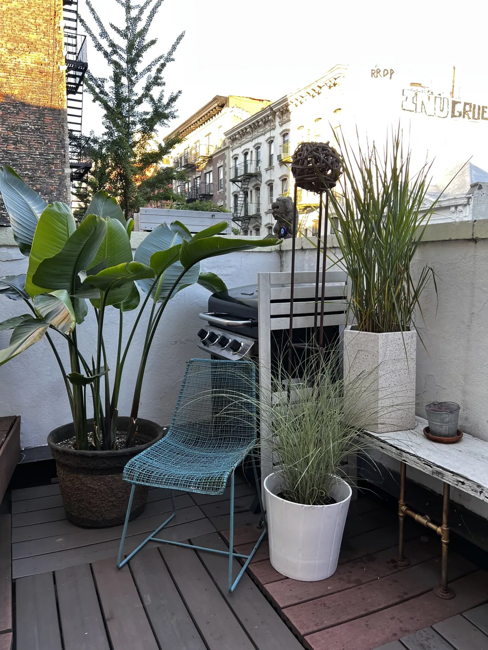 Cozy rooftop patio with plants.