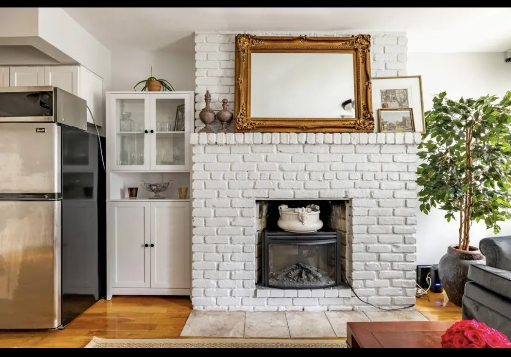 Cozy living room with fireplace.