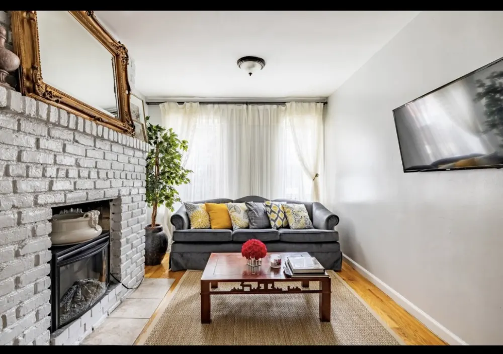 Cozy living room with fireplace.