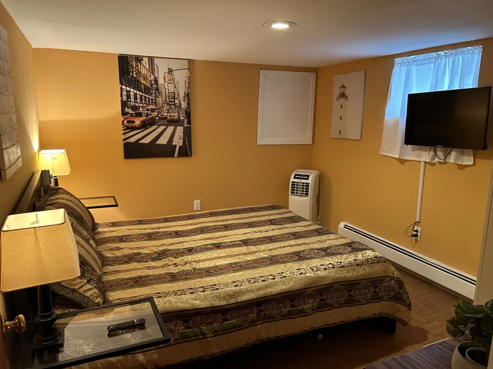 Cozy bedroom with urban decor.