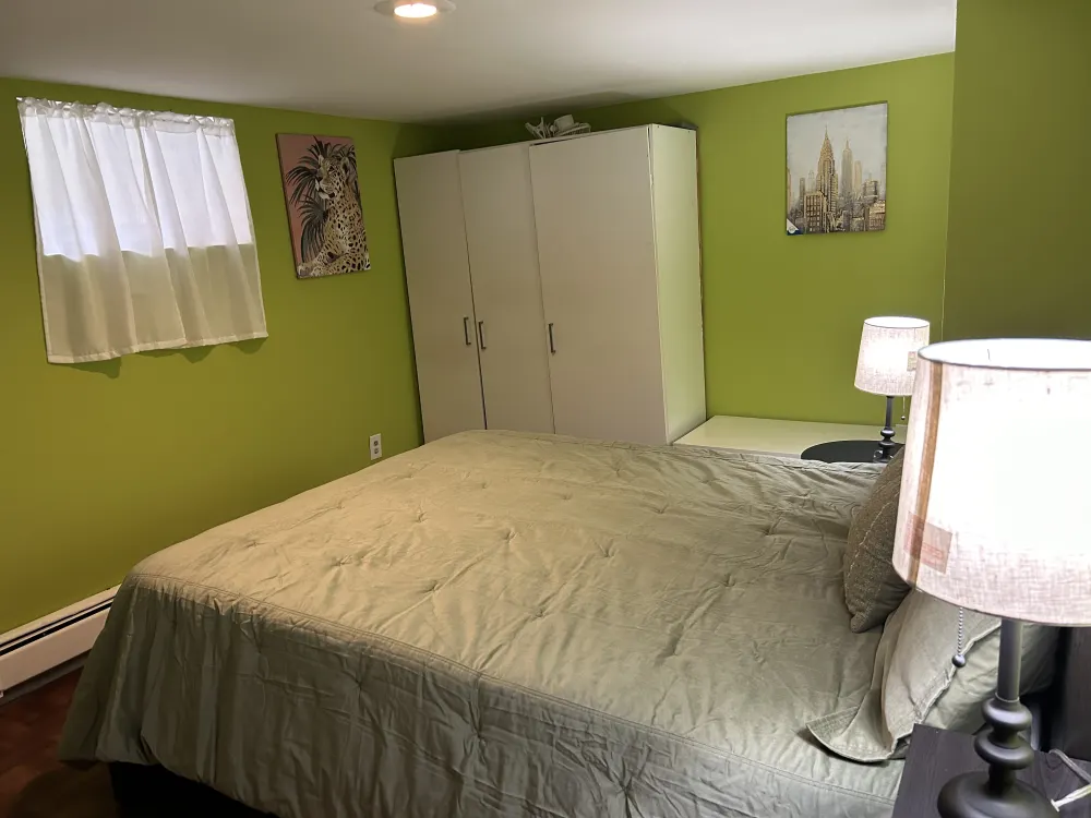 Cozy bedroom with green walls.