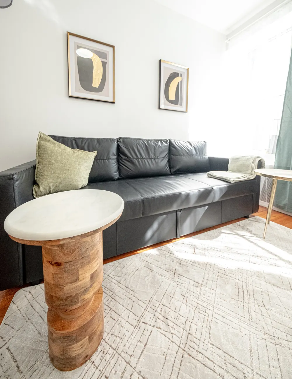 Modern living room with leather sofa.