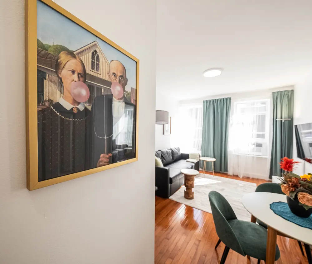 Cozy living room with artwork.