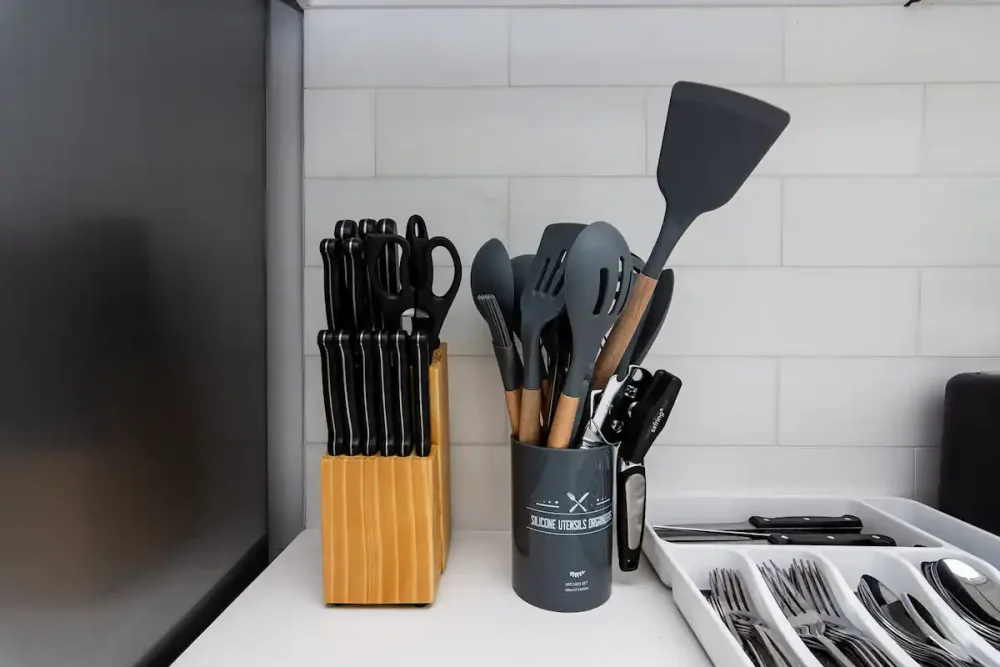 Well-organized kitchen utensil arrangement.