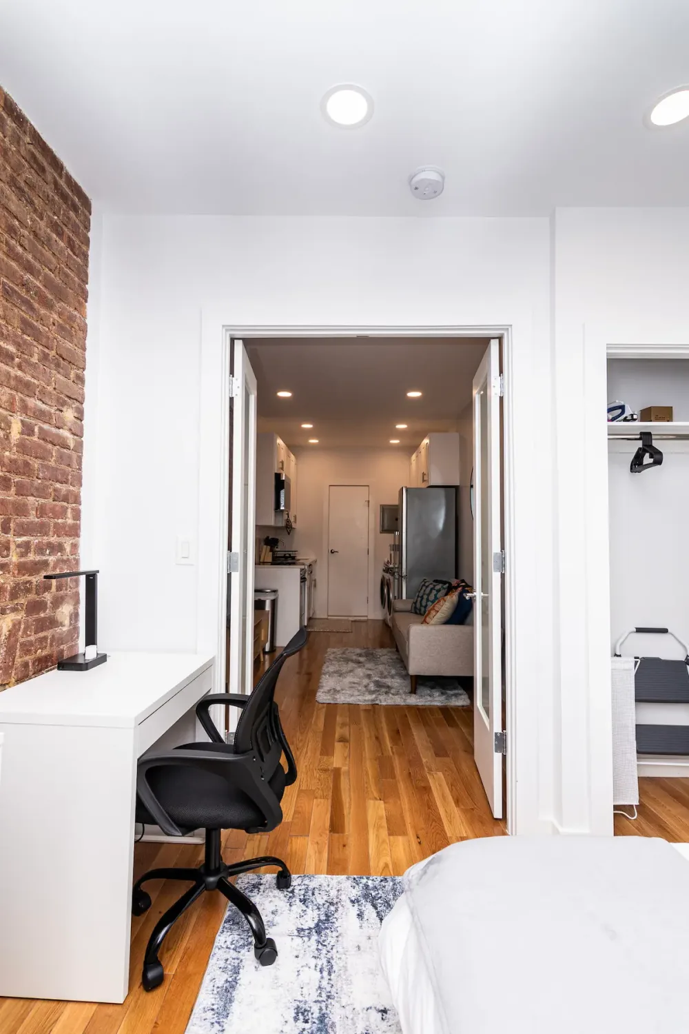 Bright, modern studio apartment interior.