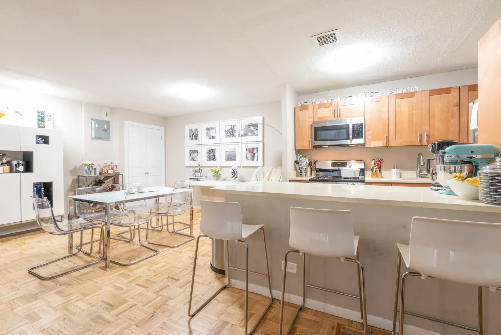 Modern kitchen and dining area.