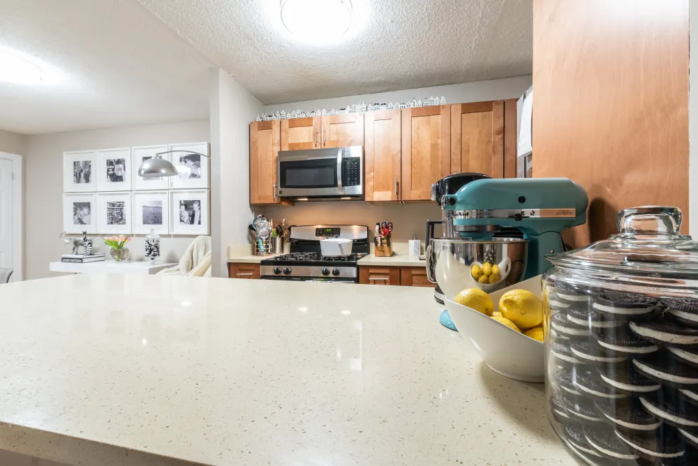 Modern kitchen with sleek appliances.