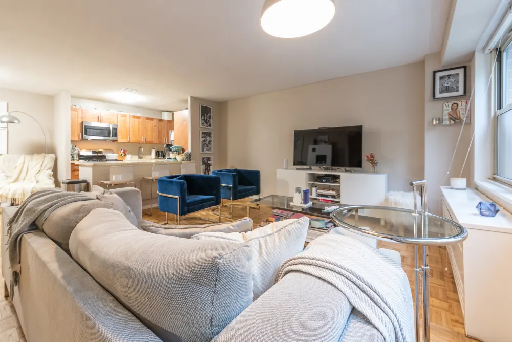 Bright modern living room and kitchen.