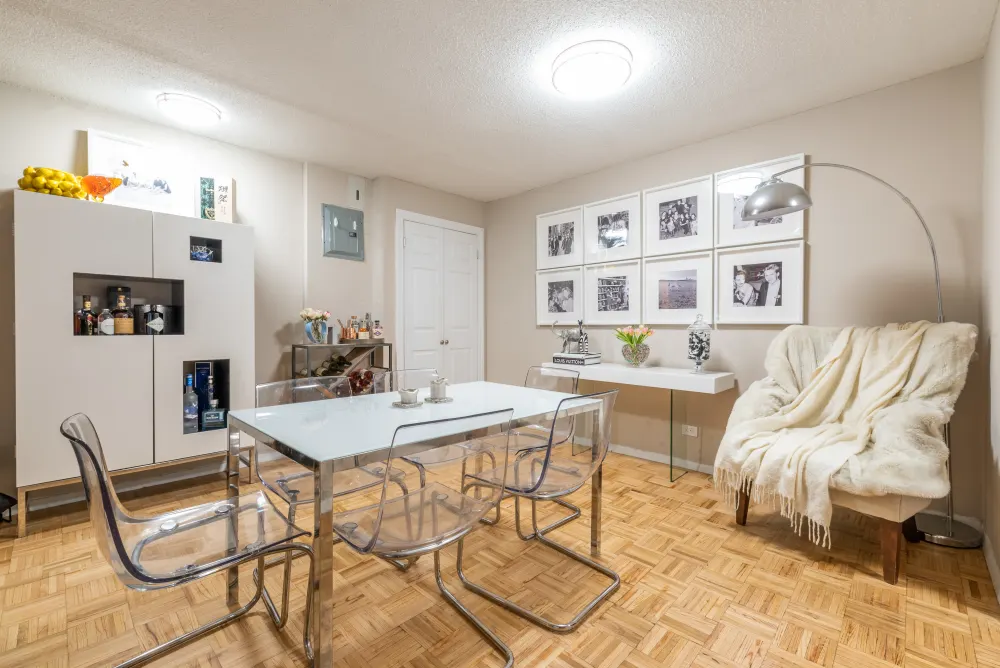 Modern dining room with decor.