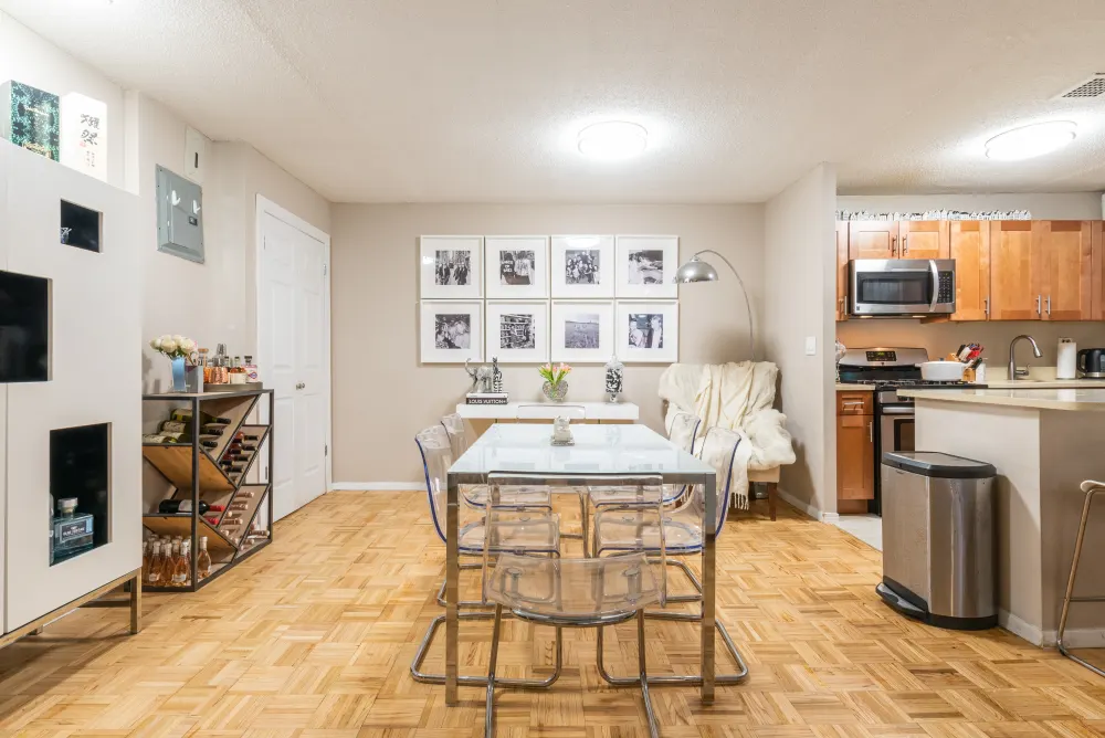 Modern, cozy dining and kitchen area.