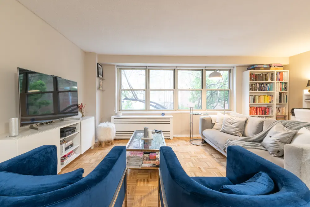 Cozy living room with bookshelves.