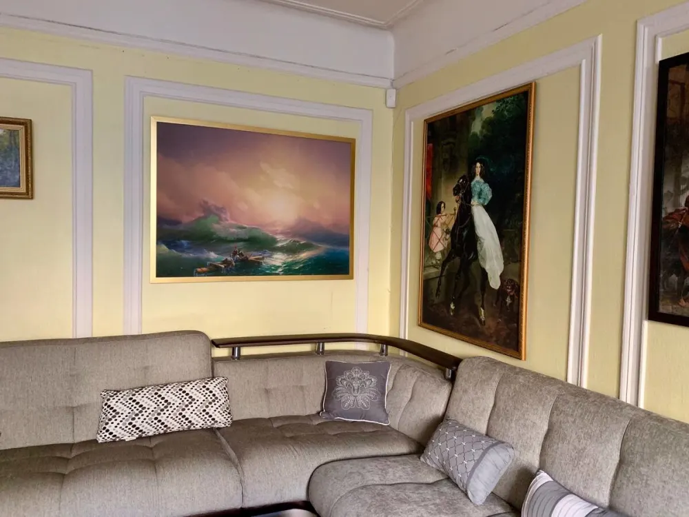 Cozy living room with artwork.