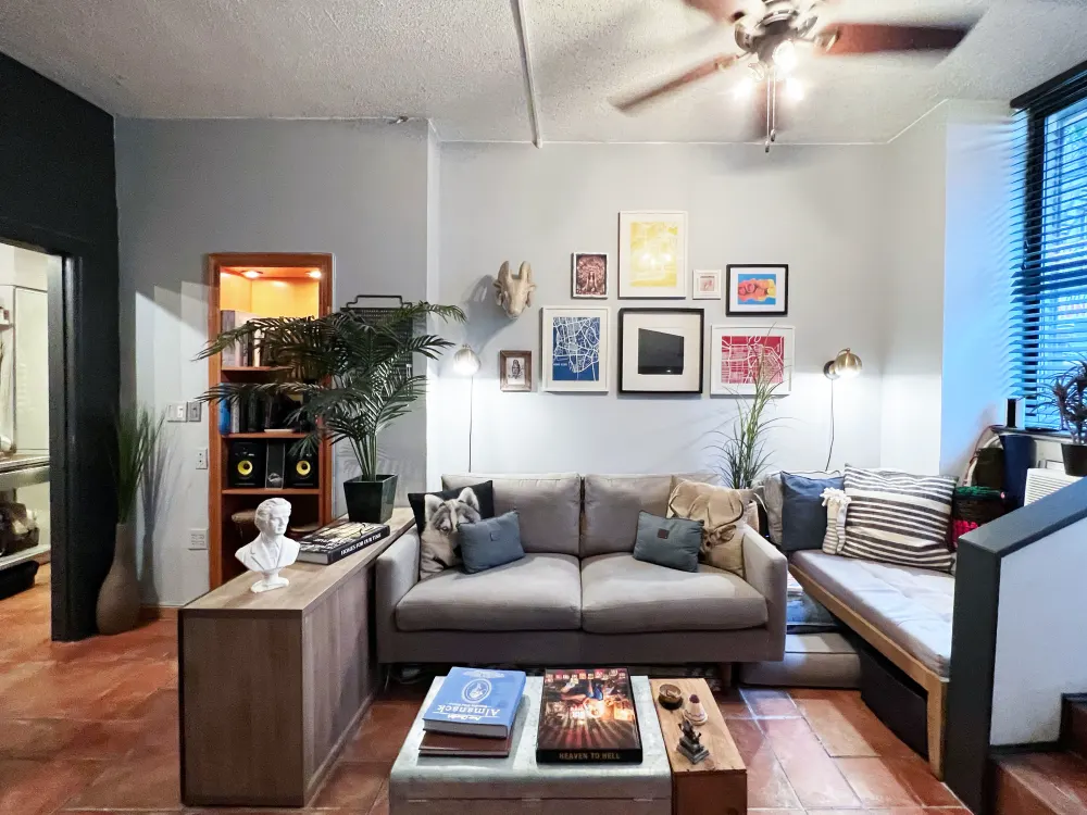 Cozy living room with art.